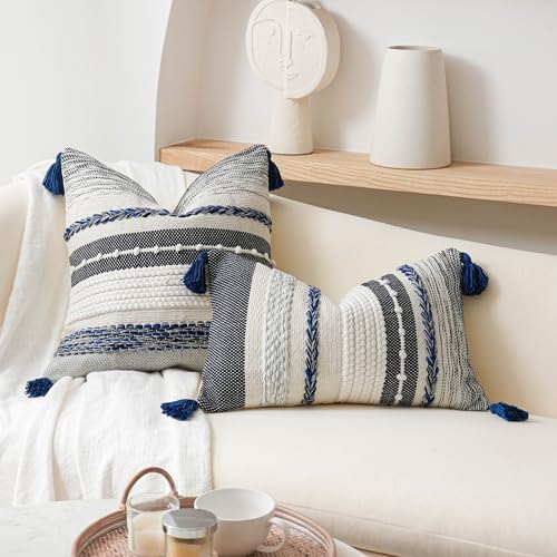 Decorative Lumbar Throw Pillow Cover 14x24 Boho Dark Blue Accent Cushion for Couch Sofa Farmhouse Pillowcase for Bedroom Living Room Home Décor Cover ONLY