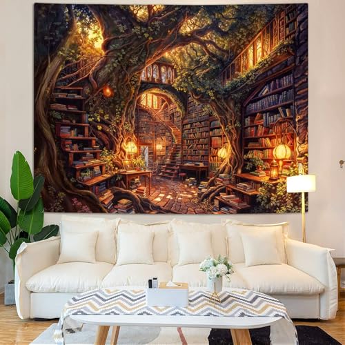 Forest Library Tapestry Tree Bookshelf Tapestries Wall Hanging Vintage Fantasy Fairy Treehouse Book Large Tapestry for Bedroom Living Room Dorm Classroom 60 x 44 inch