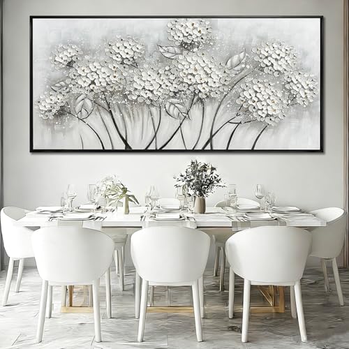 Grey and White Hand Painted Wall Art Flower Canvas Artwork Contemporary Oil Paintings 40"x86" Decorations for Bedroom Office