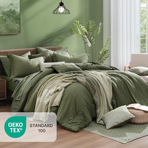 Oversized King Comforter Set Olive Green 7 Pieces Bed in a Bag