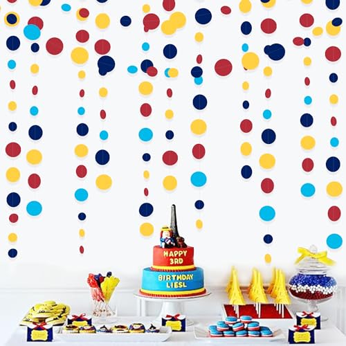 Red Blue Yellow Party Decorations Circle Dots Garland Hanging Paper Polka Dot Streamer for Carnival Circus Clown Fiesta Festivals Birthday Wedding Bridal Shower Wedding Shower Party Supplies