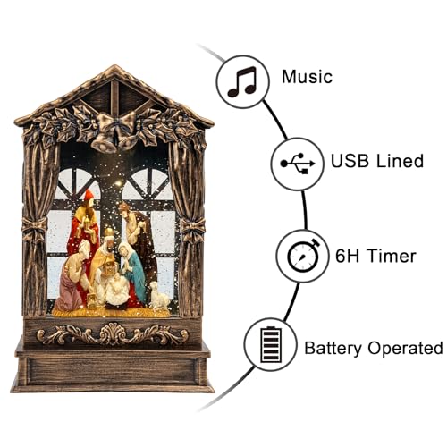 Three Kings Three Saints Window Christmas Snow Globe Swirling Glittering Nativity Figurines Manger Scene