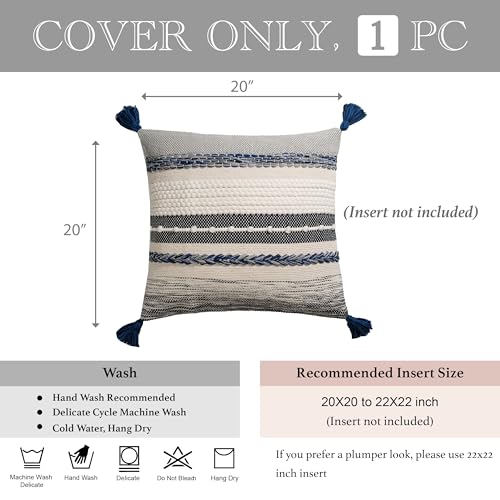 Navy Dark Blue Decorative Throw Pillow Cover 20x20 Square Boho Accent Pillowcase Tassels Farmhouse Cushion for Couch Sofa Bedroom Living Room Home Décor Cover ONLY