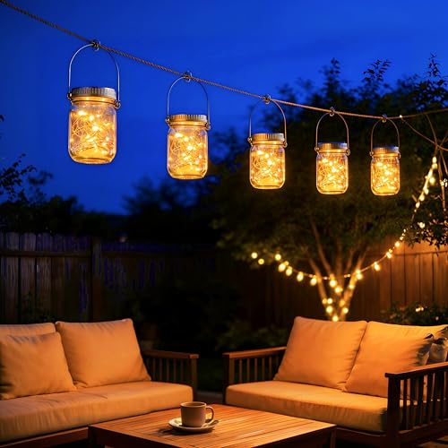 Gift for him her 9 Pack Solar Lanterns Outdoor Waterproof Upgraded Crystal Glass Solar Mason Jar Lights 30 LED 215% Larger SolarPanel (9 Count)