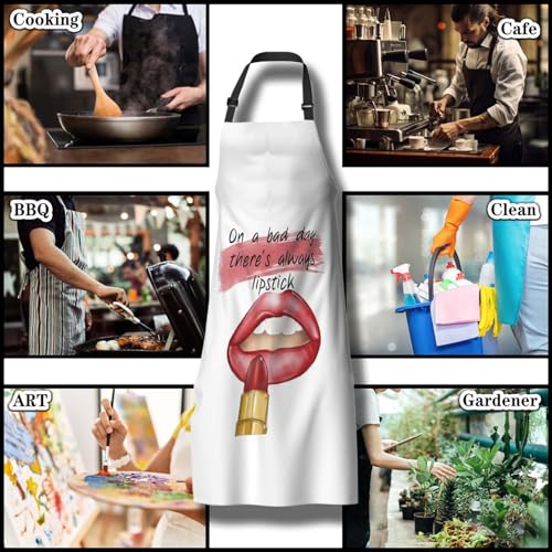 Kitchen Apron for Women Red Lips Quotes on a Bad Day There’s Always Lipstick Funny Aprons for Men for Cooking Restaurant BBQ Painting Crafting Gardening 27”