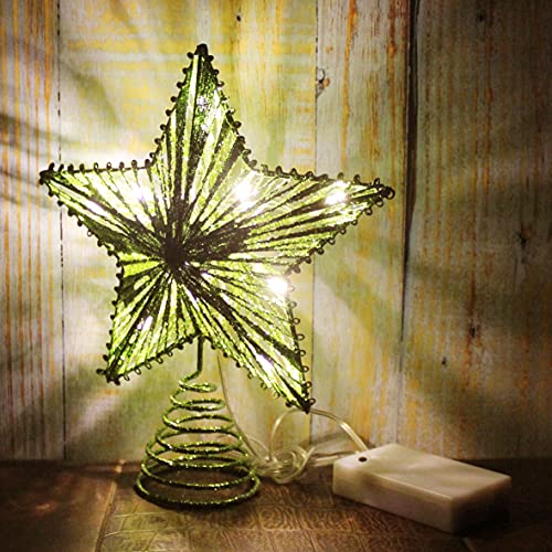 Green Glittered 3D Tree Top Star with Warm White LED Lights and Timer for Christmas Tree Decoration and Holiday Seasonal Décor
