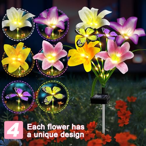 Solar Garden Lights Outdoor 4 Pack Lily Lights with Butterflies (4 Count)