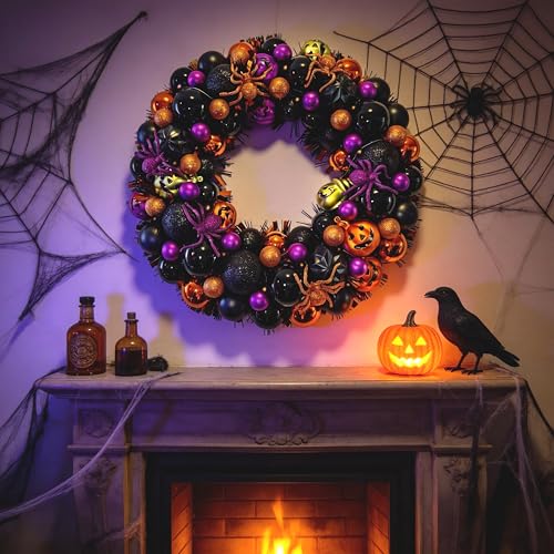 17 Inch Halloween Ball Wreath for Front Door with Lights