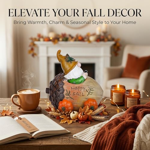 Fall Gnome Figurine with Acorn Car & Pumpkin Wheels
