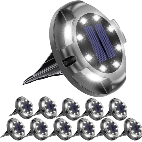 Solar Ground Lights Uplight Sidelight Waterproof 12 Pack White (12 Count)