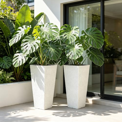 Autodaya 28" Plant Pots Tall Planters for Outdoor Plants Set of 2 with Tray (2 Count)