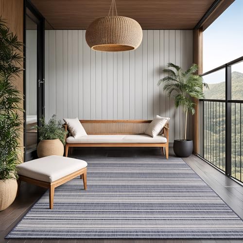 Stripe Outdoor Rug 10x14 Washable Outside Carpet for Indoor Patio Porch Waterproof Easy Cleaning Non Shedding Area Rugs Blue 10 x 14 (140 Sq Ft)