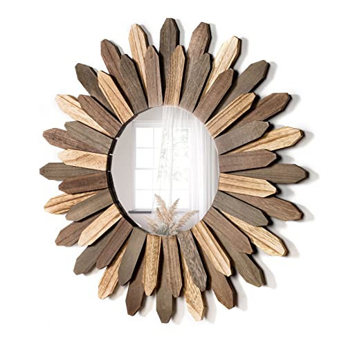 Boho Wall Decor 21 inch Wall Mirror Rustic Wood Decorative Mirror for Room Decor Rustic Home Decor Farmhouse Wall Decor at Living Room Bedroom Bathroom Hallway Trilcolor