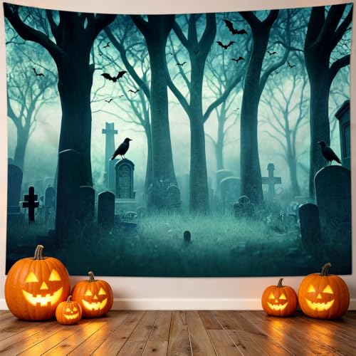 Halloween Forest Tapestry Spooky Cemetery Bat Wall Decor 60Wx40L Inch