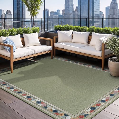Outdoor Rug 8x10 Modern Bordered Area Rugs for Indoor and Outdoor Patio Easy to Clean Non Shedding Living Room Porch Garden Washable Outside Carpet
