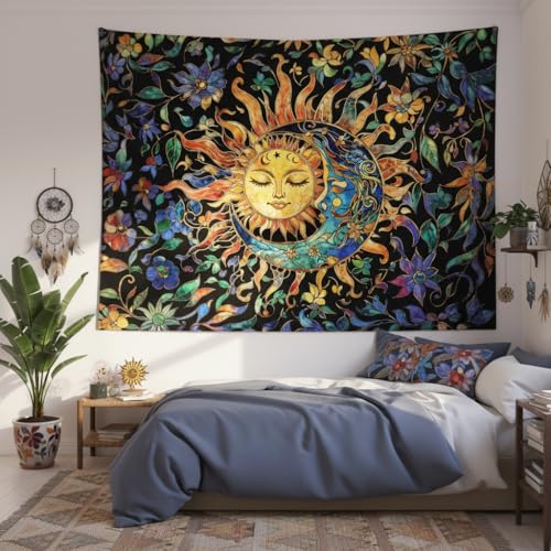 Sun and Moon Tapestry for Bedroom Boho Hippie Floral Wall Tapestry Aesthetic Vintage Stained Glass Plant Large Tapestries Wall Hanging for Living Room Dorm 80 x 60 Inch