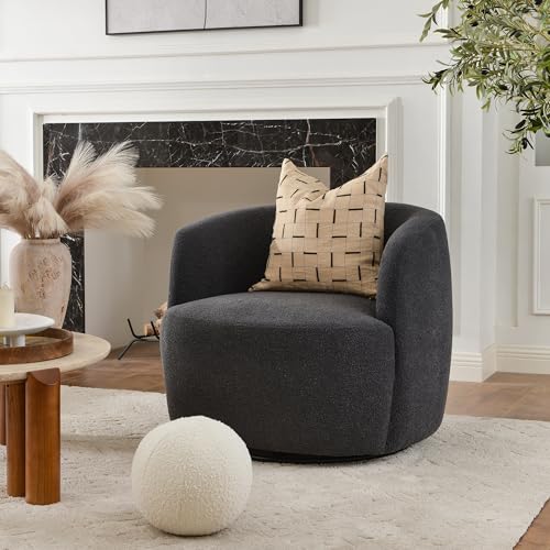34" W Boucle Swivel Barrel Chair with Toss Pillow