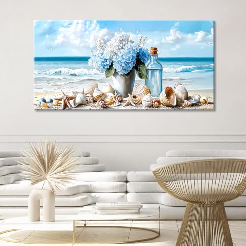 Romantic Beach Wall Art for Living Room Blue Shells Conch Vase Canvas Prints Modern Large Flower Bottle Bedroom Ocean Artwork Decor