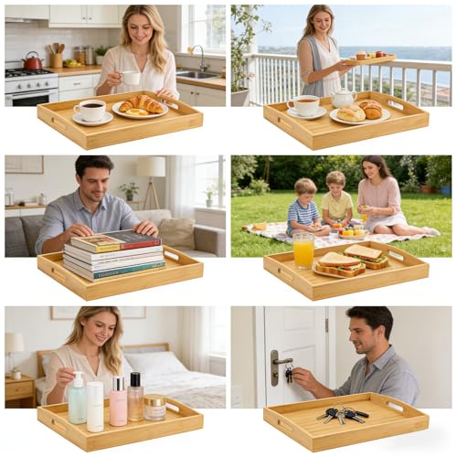 Bamboo Serving Tray with Handles (3 Count)