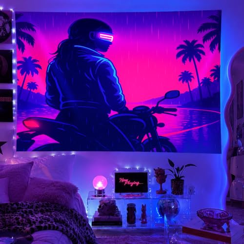 Blacklight Tapestry Biker Retro Wall Hanging 78 x 59 Inch