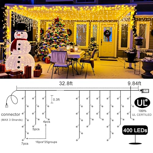 Icicle Lights for Outside 33FT 400 LED Warm White Christmas Lights