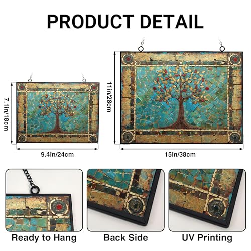 Customized Rectangle Tree of Life Stained Glass Window Hanging Sun Catcher Halloween Haning Ornament Decoration Christmas Birthday Gifts for Lover Friends Mother
