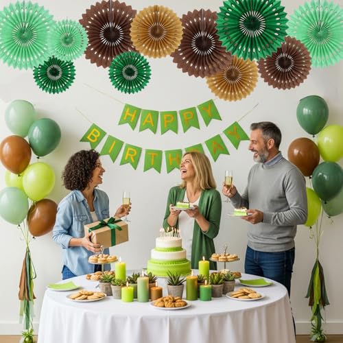 Honeycomb Round Paper Fans Green Brown Hanging Party Decoration (11 Count)