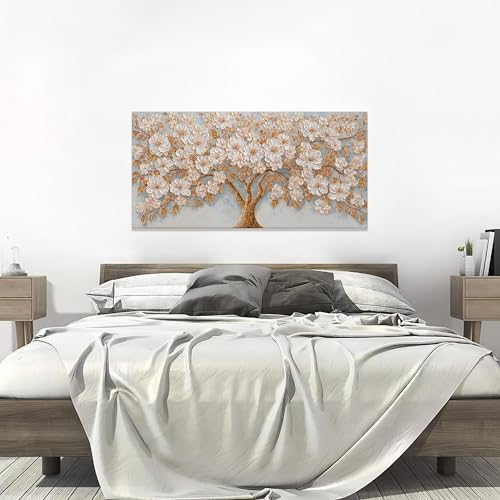 Canvas Wall Art Decor Gold Tree of Life Canvas Art Wall Decor For Living Room Modern Botanical Decor Nature White Flower Wall Art Floral Tree Artwork For Walls Bedroom Home Office Wall Decor 20"×40"
