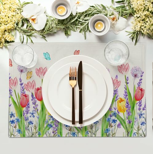Tulip Placemats Set of 4 Spring Summer Flowers Tulips Lavender Place Mats Watercolor Floral Dandelion Butterfly Non