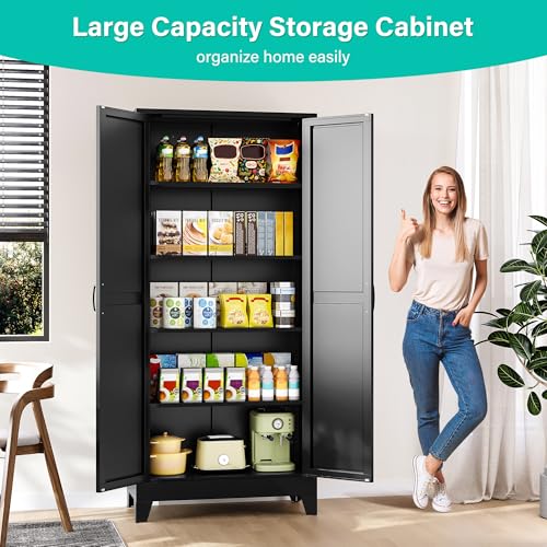 Wide & Deep Pantry Storage Cabinets with 2 Doors and 5 Shelves