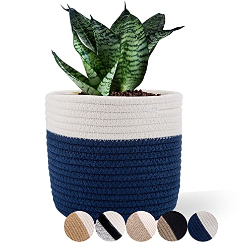 Cotton Rope Woven Baskets for 6" Pot White Stitching Navy Blue