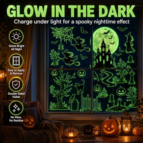 Glow in the Dark Halloween Window Stickers Luminous Ghost Pumpkin Black Cat Spider Bat Candy Moon Window Decals for Halloween Party Supplies Home Glass Decorations
