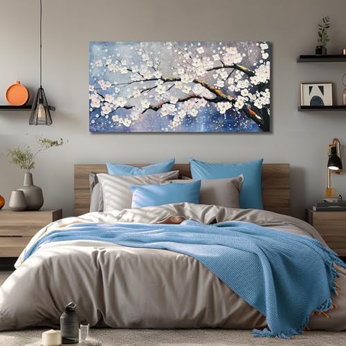 White Flowers Hand Painted Wall Art For Office Women Blue Wall Decor For Bedroom Aesthetic Family Wall Decor For Living Room Size 24 x 47 Inch