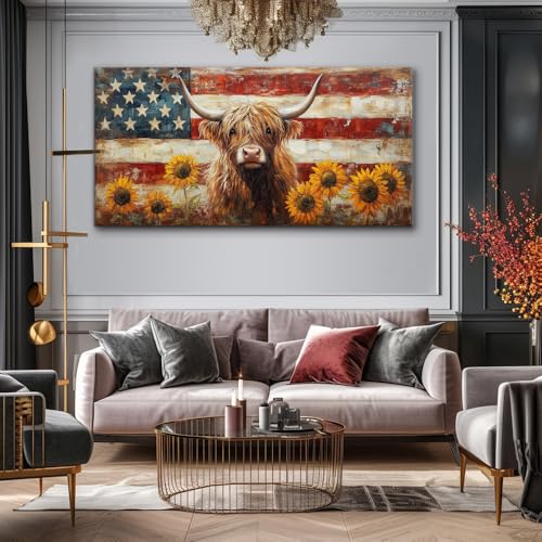 Country Highland Cow Wall Art for Living Room Rustic Retro Vintage American Flag Sunflower Canvas Painting Prints Highland Cattle Artwork Farmhouse Bedroom Office Decor
