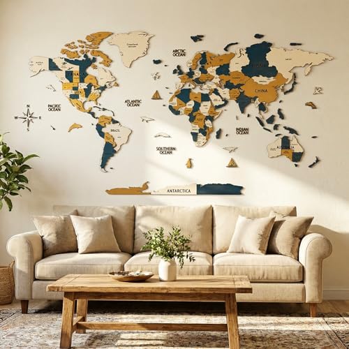 3D Wooden World Map Wall Art
