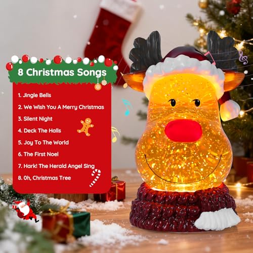 Christmas Snow Globe Reindeer Lighted Musical Glitter Globe Battery Operated or USB Powered with Timer Water Glittering Snowing Globe for Christmas Party Home Table Decorations Gifts