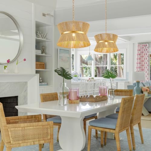 18” Hand Woven Rattan Boho Chandelier Brass Ajustable Pendant Light for Kitchen Island Living Room Bedroom Hallway
