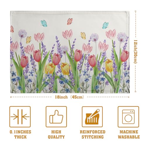 Tulip Placemats Set of 4 Spring Summer Flowers Tulips Lavender Place Mats Watercolor Floral Dandelion Butterfly Non