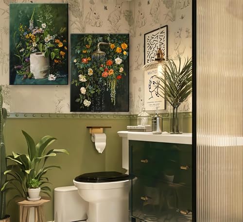 3Pcs Framed Vintage Dark Green Bathroom Wall Art Shower Toilet Paper Roll Floral Poster Print Modern Farmhouse plants Painting Picture Wall Decor For Bathroom Living Room Decoration (3 Count)