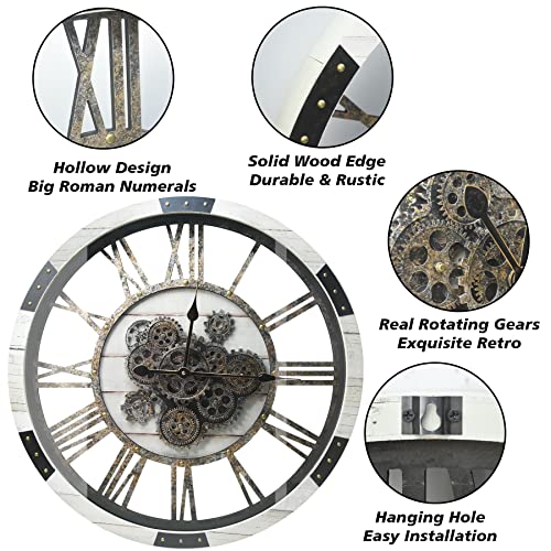27" Large Real Moving Gears Wall Clock with Toughened Glass Cover Solid Wood Retro Metal Skeleton Oversized Vintage Steampunk Rustic Clock for Living Room Decor Home Farmhouse Kitchen