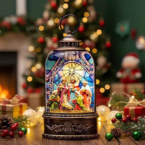 Christmas Snow Globe Swirling Glittering Nativity Scene with Music