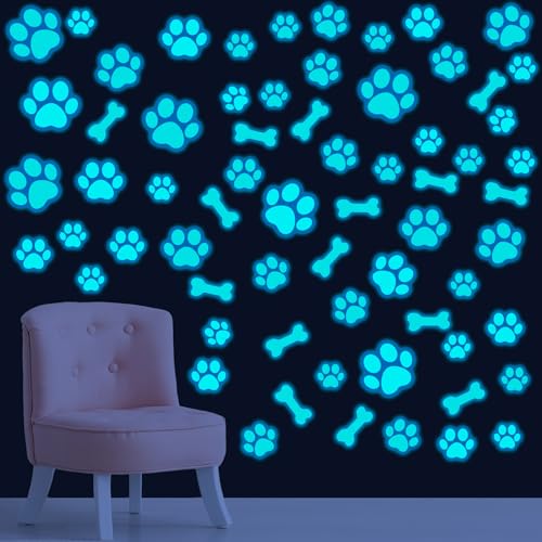127 Glow in The Dark Dog Paw Stickers Luminous Removable Vinyl Wall Decals for Kids Nursery Bedroom