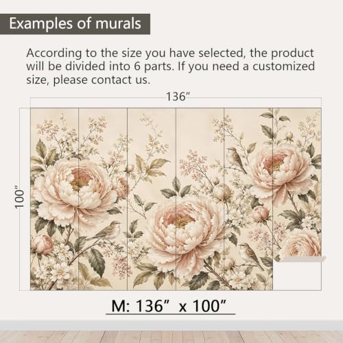 Retro Peony Floral Peel and Stick Wallpaper Mural for Bedroom