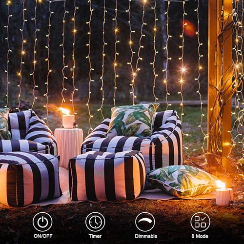 9.8ft×9.8ft Curtain Lights Battery Operated with Remote Warm White