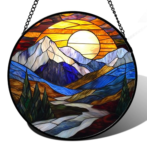 Blue Mountains Stained Glass Window Hanging Suncatcher Gift for Women 9.8"
