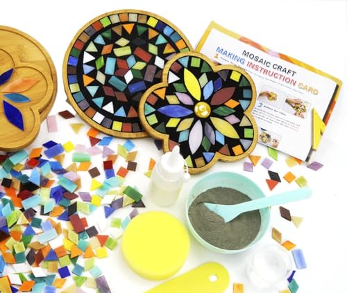 2 Sets of DIY Mosaic Craft Kits Mosaic Tiles Coaster Kit Make Your Own Mosaic Project Handmade Craft Set with Stained Glass Mosaic Tile Pieces for Decoration and Gift (12 Count)