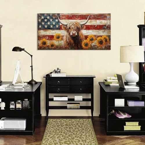 Country Highland Cow Wall Art for Living Room Rustic Retro Vintage American Flag Sunflower Canvas Painting Prints Highland Cattle Artwork Farmhouse Bedroom Office Decor