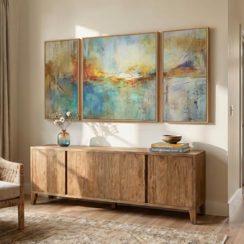 Extra Large Framed Blue Orange Abstract Wall Art for Living Room (3 Count)