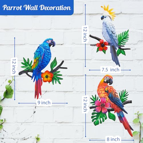Metal Parrots Wall Art Decor Outdoor Decorations for Yard Garden Decor (3 Count)