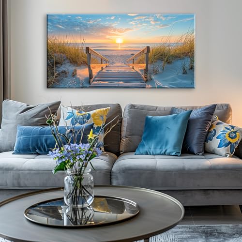 Beautiful White Sandy Beach Pier by Seaside at Sunset Landscape Wall Art Decor Artwork for Bedroom Living Room